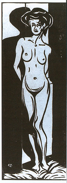 Ernst Ludwig Kirchner Nude young woman in front of a oven - Woodcut - Museumslandschaft Hessen, Kassel